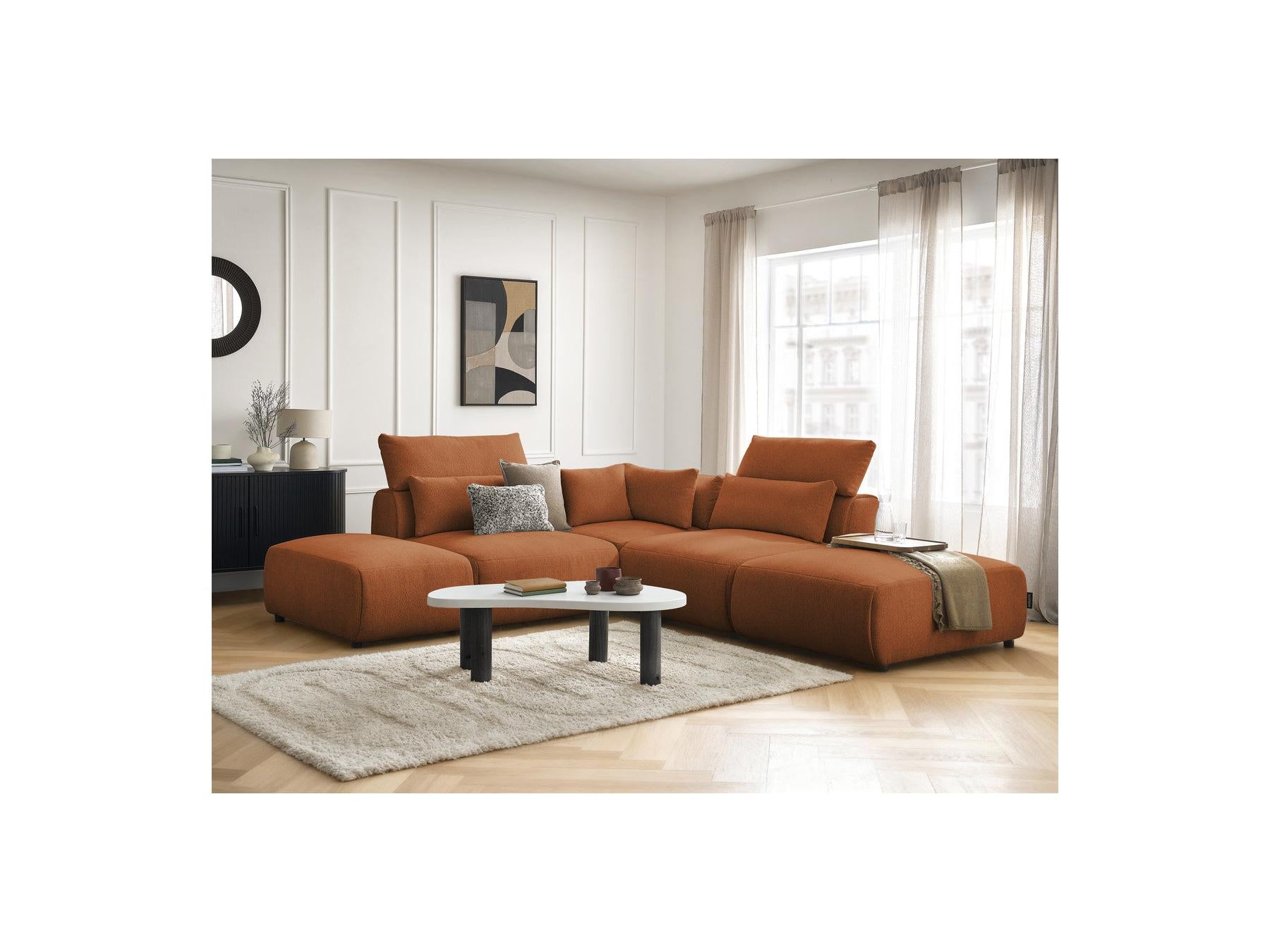 Jana - Canapé D'Angle Fixe Modulable Avec Têtières - Tissu Chiné Avec 2 Chauffeuses, 1 Angle Et 2 Poufs - Réversible