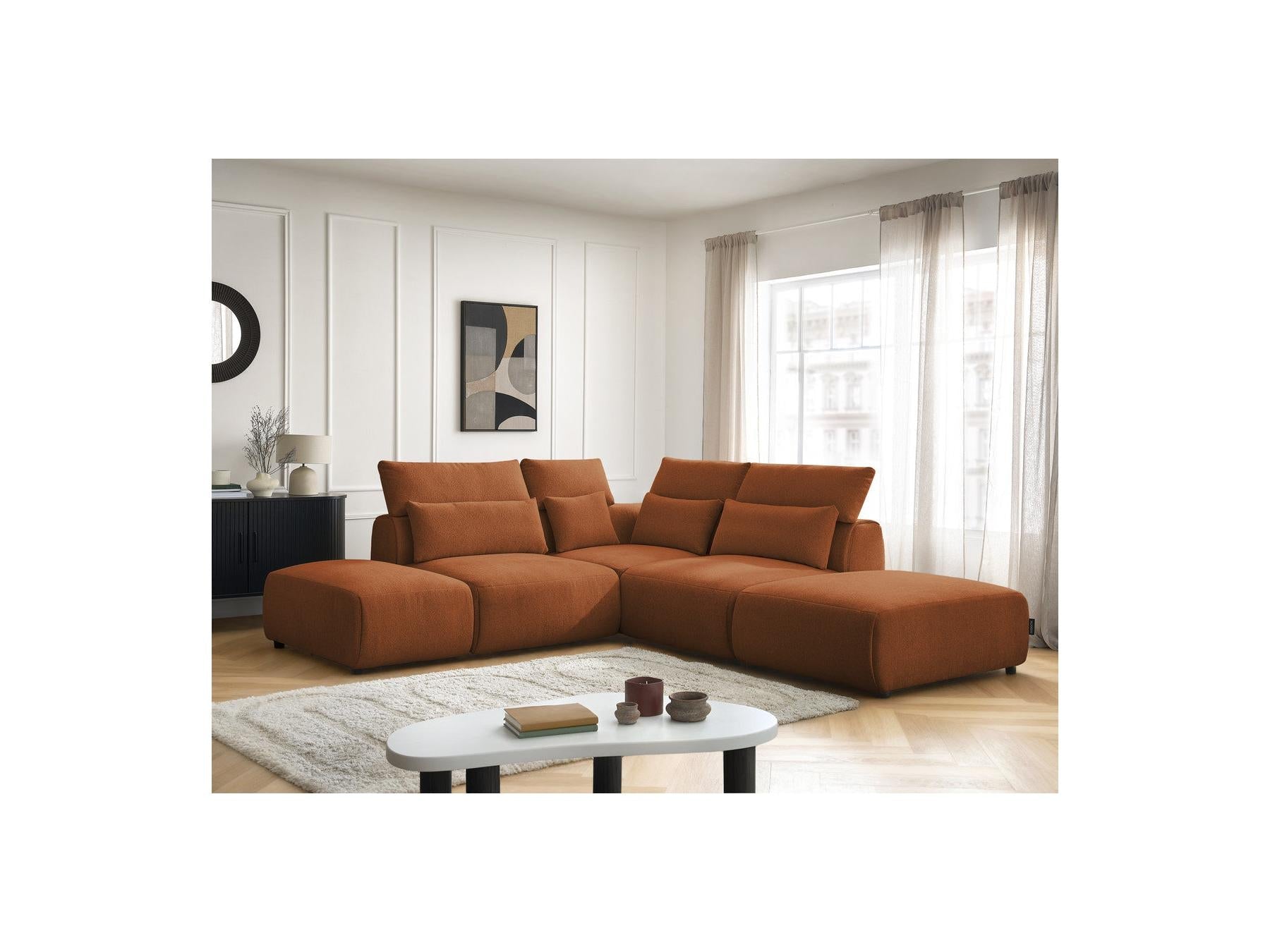 Jana - Canapé D'Angle Fixe Modulable Avec Têtières - Tissu Chiné Avec 2 Chauffeuses, 1 Angle Et 2 Poufs - Réversible