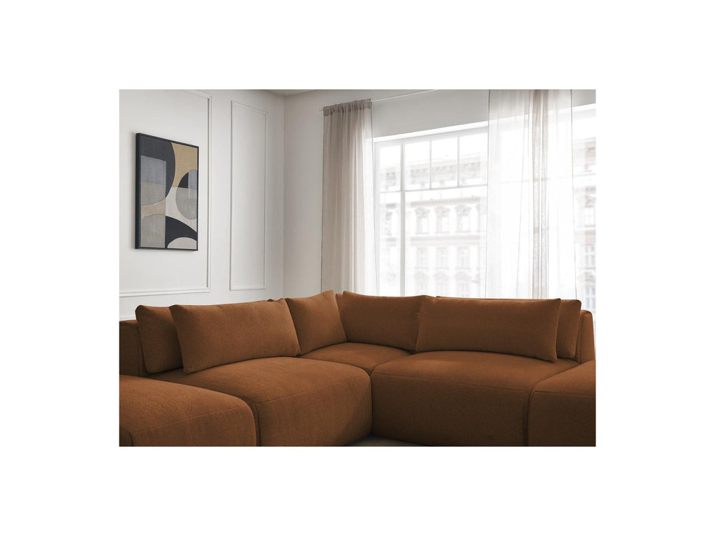 Jana - Canapé D'Angle Fixe Modulable Avec Têtières - Tissu Chiné Avec 2 Chauffeuses, 1 Angle Et 2 Poufs - Réversible