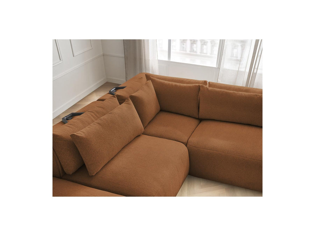Jana - Canapé D'Angle Fixe Modulable Avec Têtières - Tissu Chiné Avec 2 Chauffeuses, 1 Angle Et 2 Poufs - Réversible