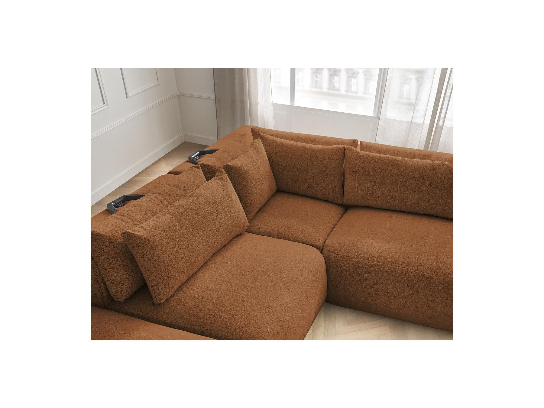 Jana - Canapé D'Angle Fixe Modulable Avec Têtières - Tissu Chiné Avec 2 Chauffeuses, 1 Angle Et 2 Poufs - Réversible