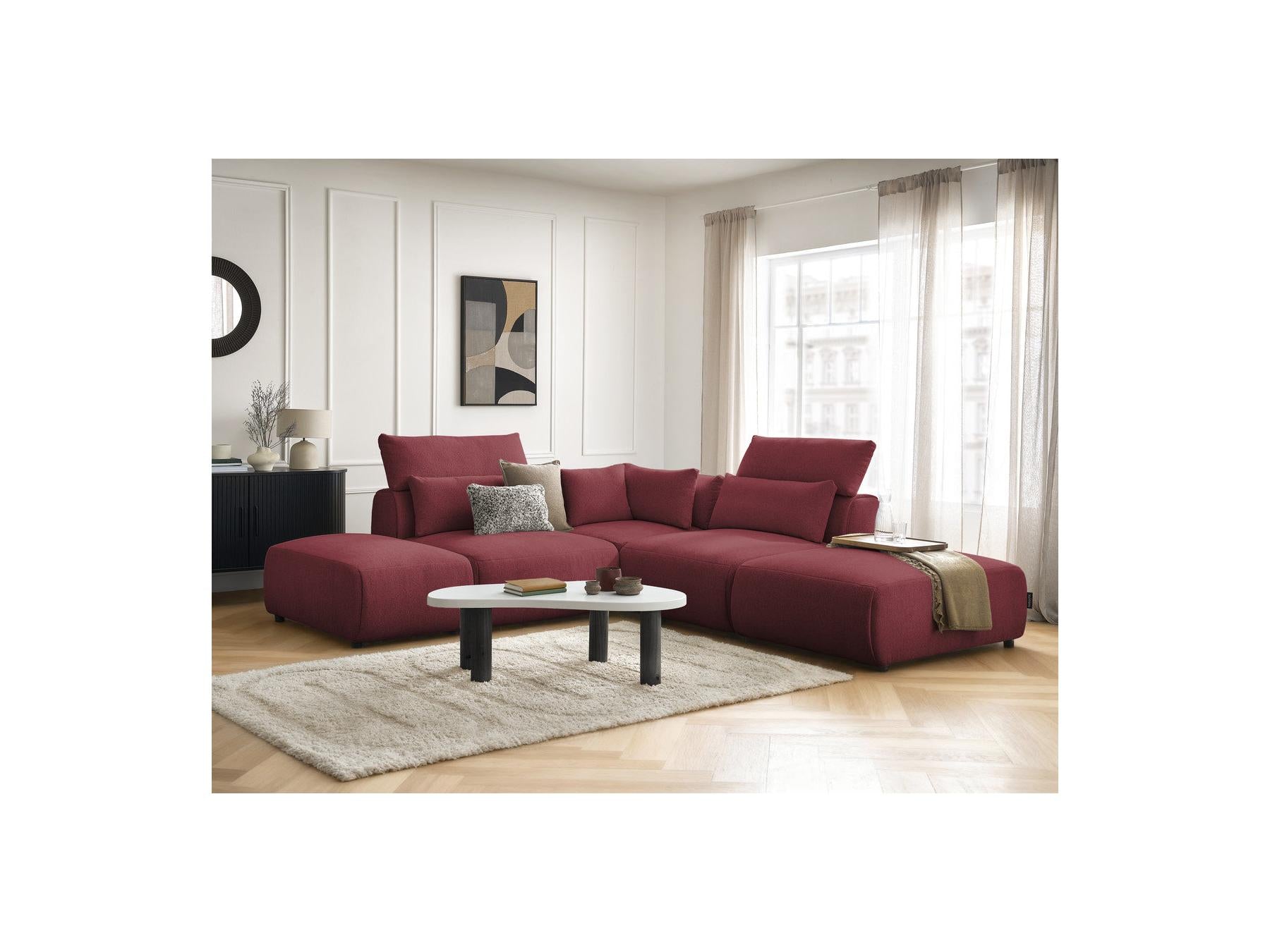 Jana - Canapé D'Angle Fixe Modulable Avec Têtières - Tissu Chiné Avec 2 Chauffeuses, 1 Angle Et 2 Poufs - Réversible