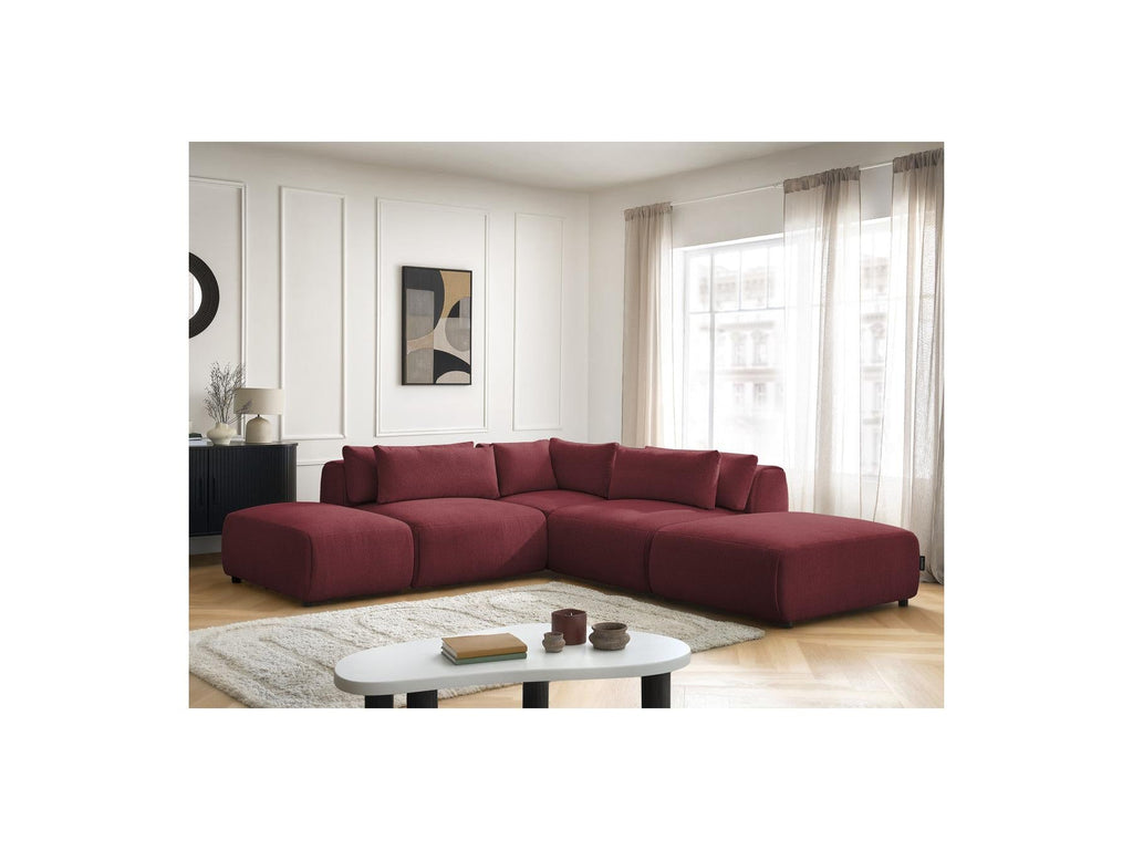 Jana - Canapé D'Angle Fixe Modulable Avec Têtières - Tissu Chiné Avec 2 Chauffeuses, 1 Angle Et 2 Poufs - Réversible