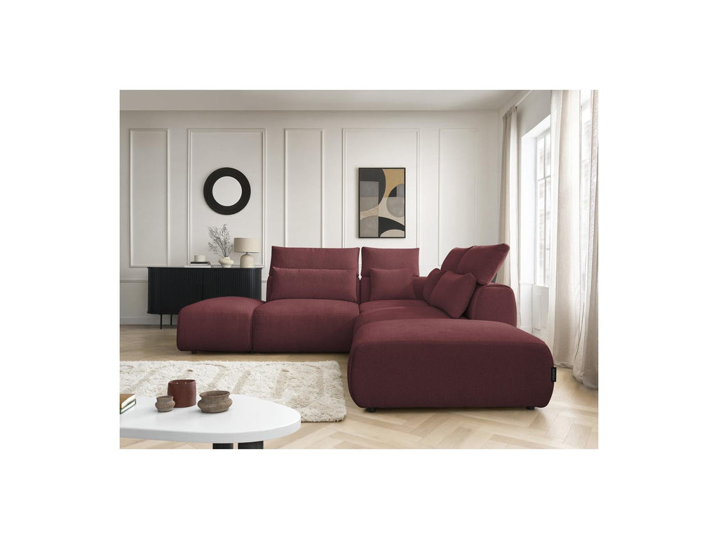 Jana - Canapé D'Angle Fixe Modulable Avec Têtières - Tissu Chiné Avec 2 Chauffeuses, 1 Angle Et 2 Poufs - Réversible