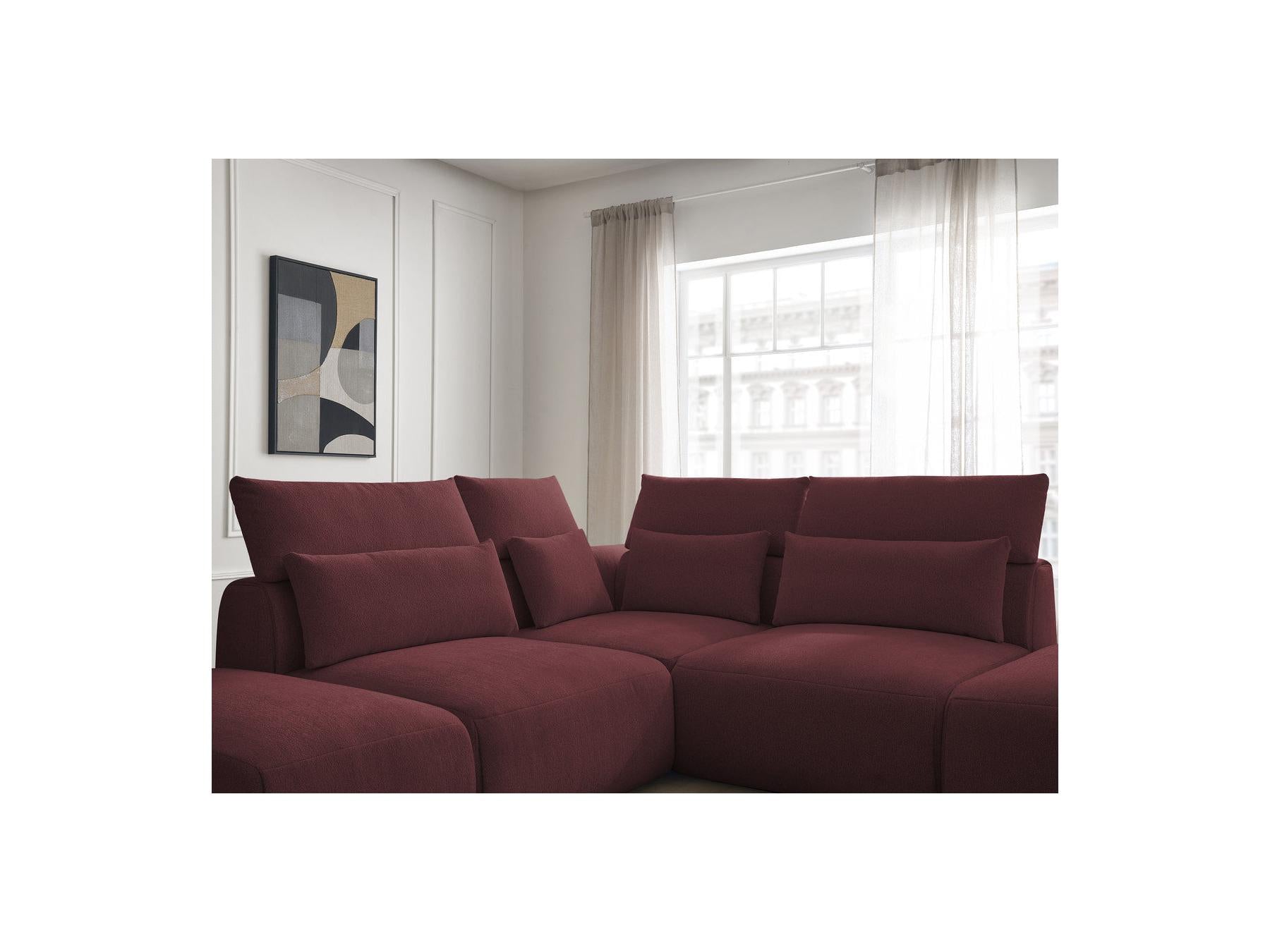Jana - Canapé D'Angle Fixe Modulable Avec Têtières - Tissu Chiné Avec 2 Chauffeuses, 1 Angle Et 2 Poufs - Réversible