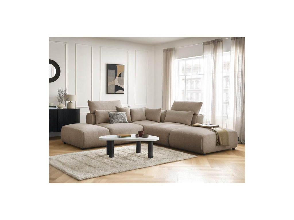 Jana - Canapé D'Angle Fixe Modulable Avec Têtières - Tissu Chiné Avec 2 Chauffeuses, 1 Angle Et 2 Poufs - Réversible