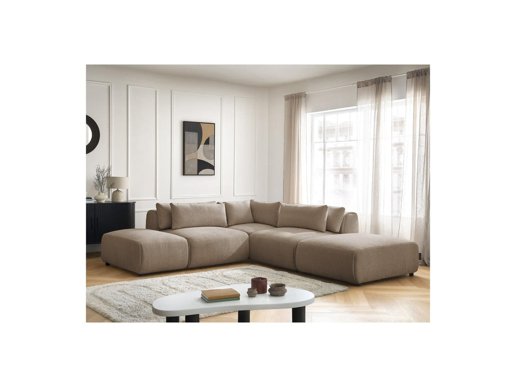 Jana - Canapé D'Angle Fixe Modulable Avec Têtières - Tissu Chiné Avec 2 Chauffeuses, 1 Angle Et 2 Poufs - Réversible