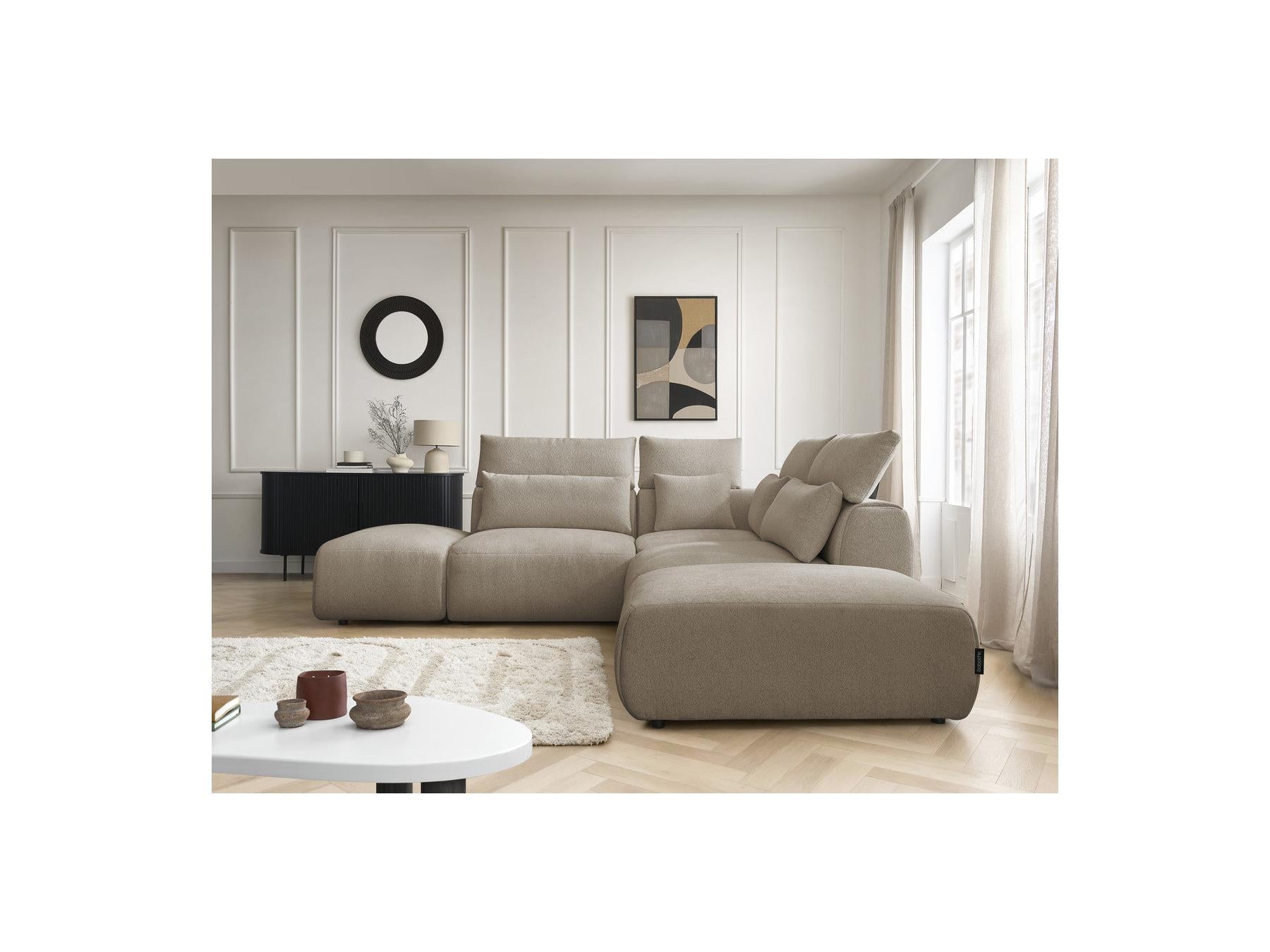 Jana - Canapé D'Angle Fixe Modulable Avec Têtières - Tissu Chiné Avec 2 Chauffeuses, 1 Angle Et 2 Poufs - Réversible