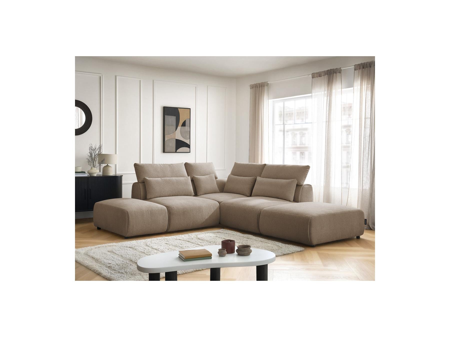 Jana - Canapé D'Angle Fixe Modulable Avec Têtières - Tissu Chiné Avec 2 Chauffeuses, 1 Angle Et 2 Poufs - Réversible