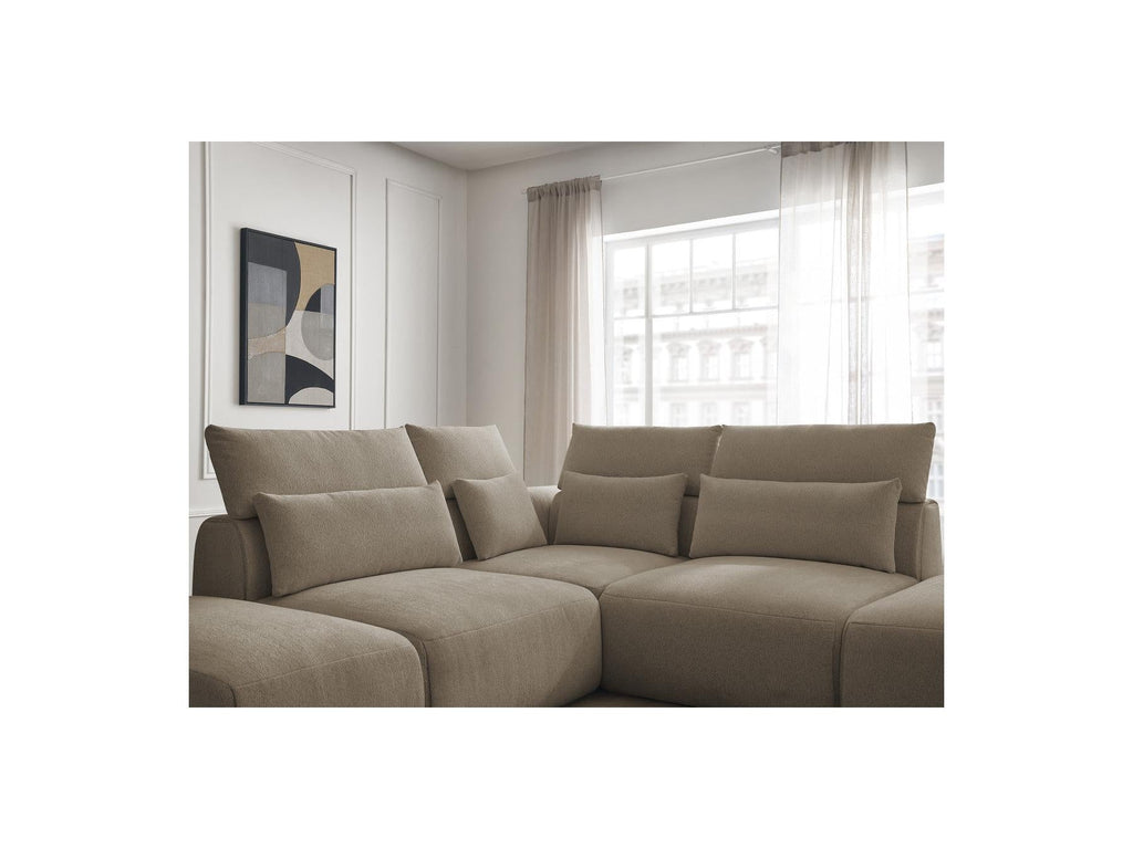Jana - Canapé D'Angle Fixe Modulable Avec Têtières - Tissu Chiné Avec 2 Chauffeuses, 1 Angle Et 2 Poufs - Réversible