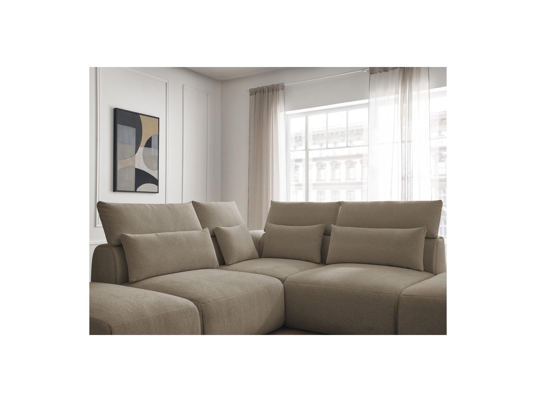 Jana - Canapé D'Angle Fixe Modulable Avec Têtières - Tissu Chiné Avec 2 Chauffeuses, 1 Angle Et 2 Poufs - Réversible