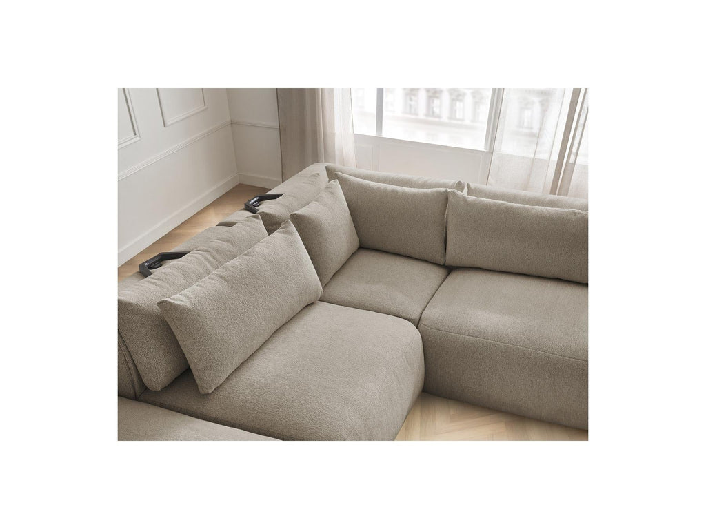 Jana - Canapé D'Angle Fixe Modulable Avec Têtières - Tissu Chiné Avec 2 Chauffeuses, 1 Angle Et 2 Poufs - Réversible