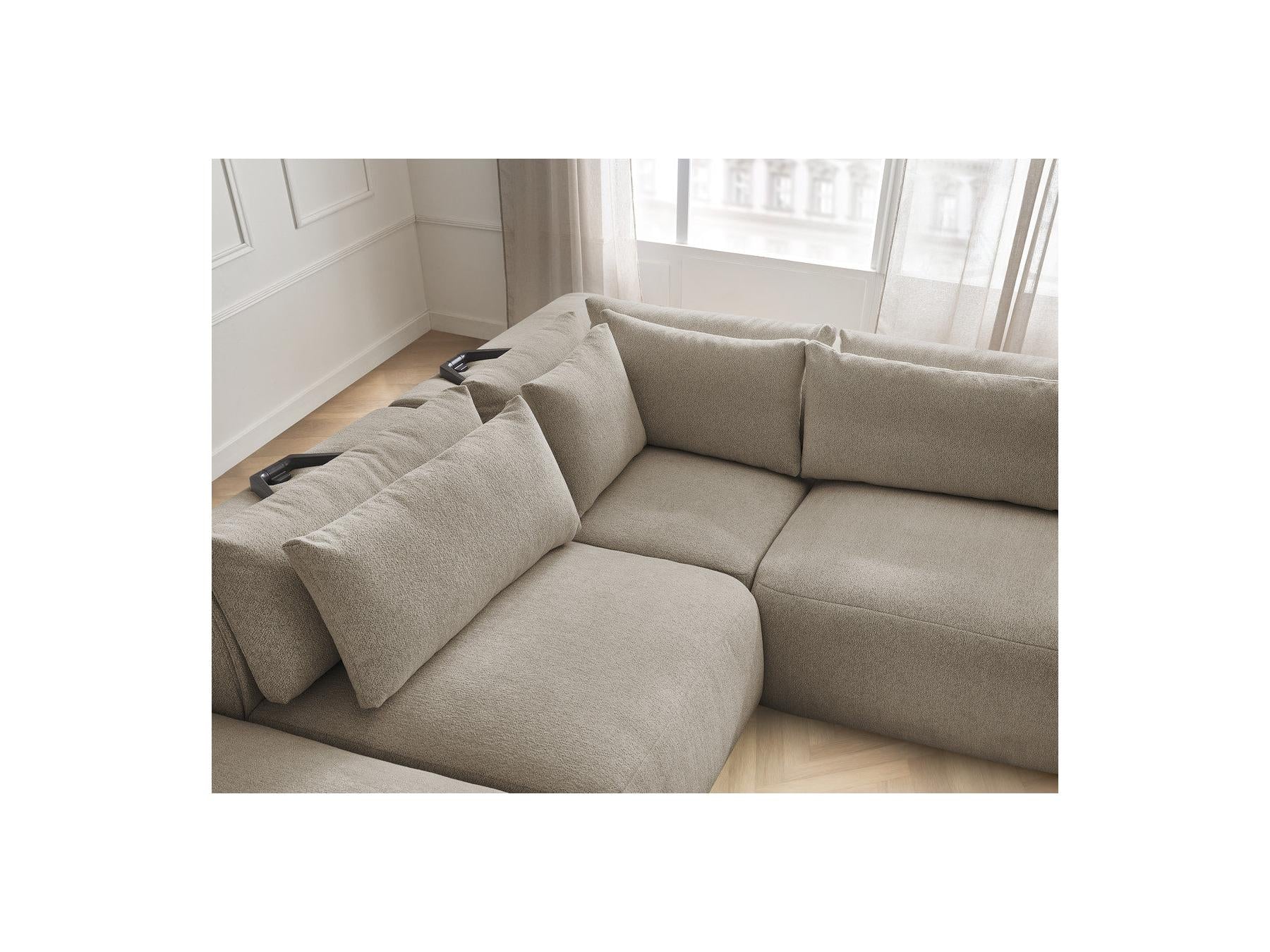 Jana - Canapé D'Angle Fixe Modulable Avec Têtières - Tissu Chiné Avec 2 Chauffeuses, 1 Angle Et 2 Poufs - Réversible