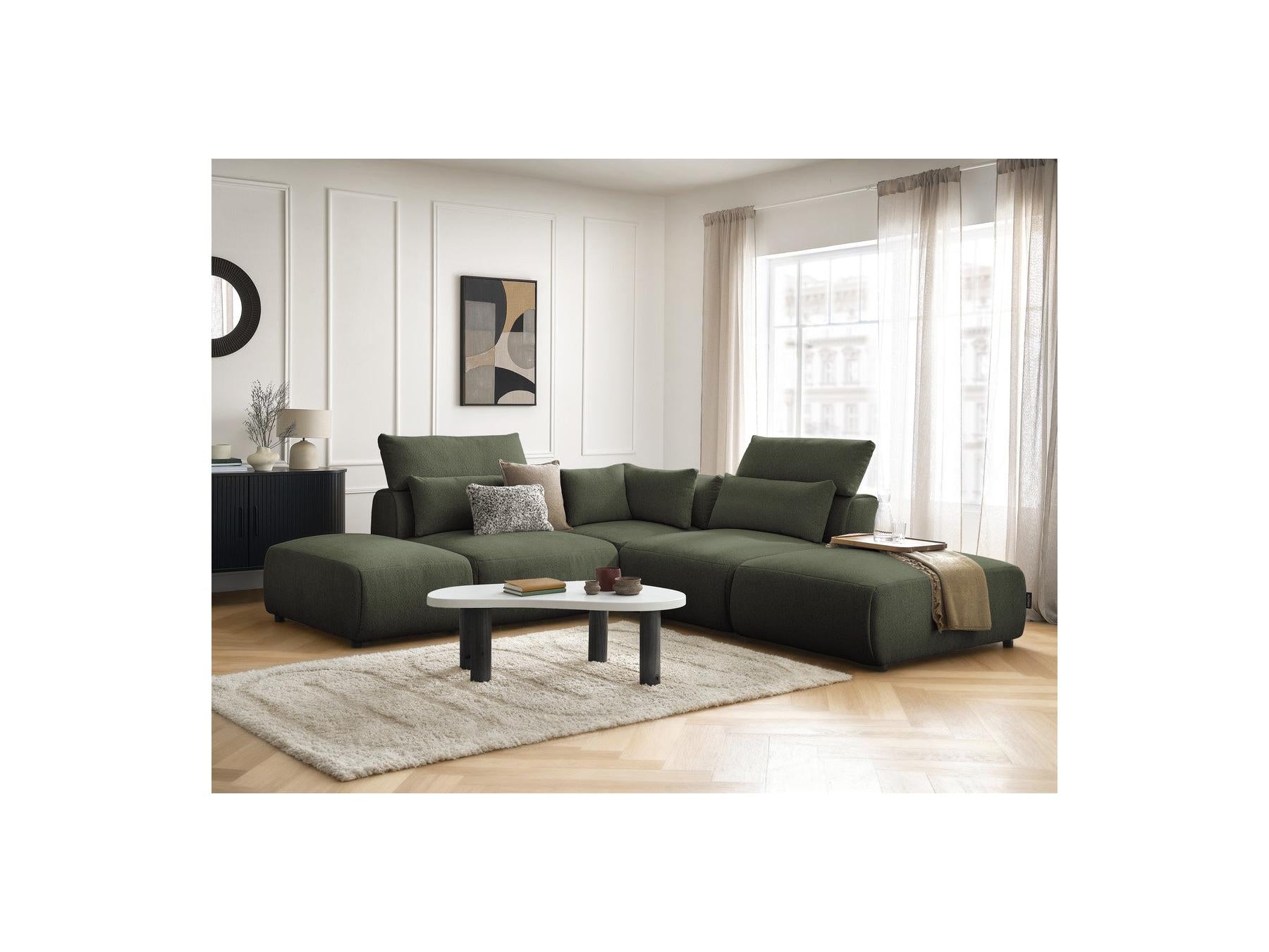 Jana - Canapé D'Angle Fixe Modulable Avec Têtières - Tissu Chiné Avec 2 Chauffeuses, 1 Angle Et 2 Poufs - Réversible