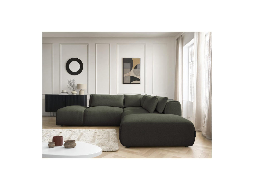 Jana - Canapé D'Angle Fixe Modulable Avec Têtières - Tissu Chiné Avec 2 Chauffeuses, 1 Angle Et 2 Poufs - Réversible