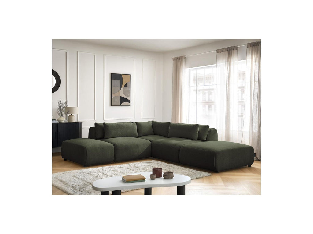Jana - Canapé D'Angle Fixe Modulable Avec Têtières - Tissu Chiné Avec 2 Chauffeuses, 1 Angle Et 2 Poufs - Réversible