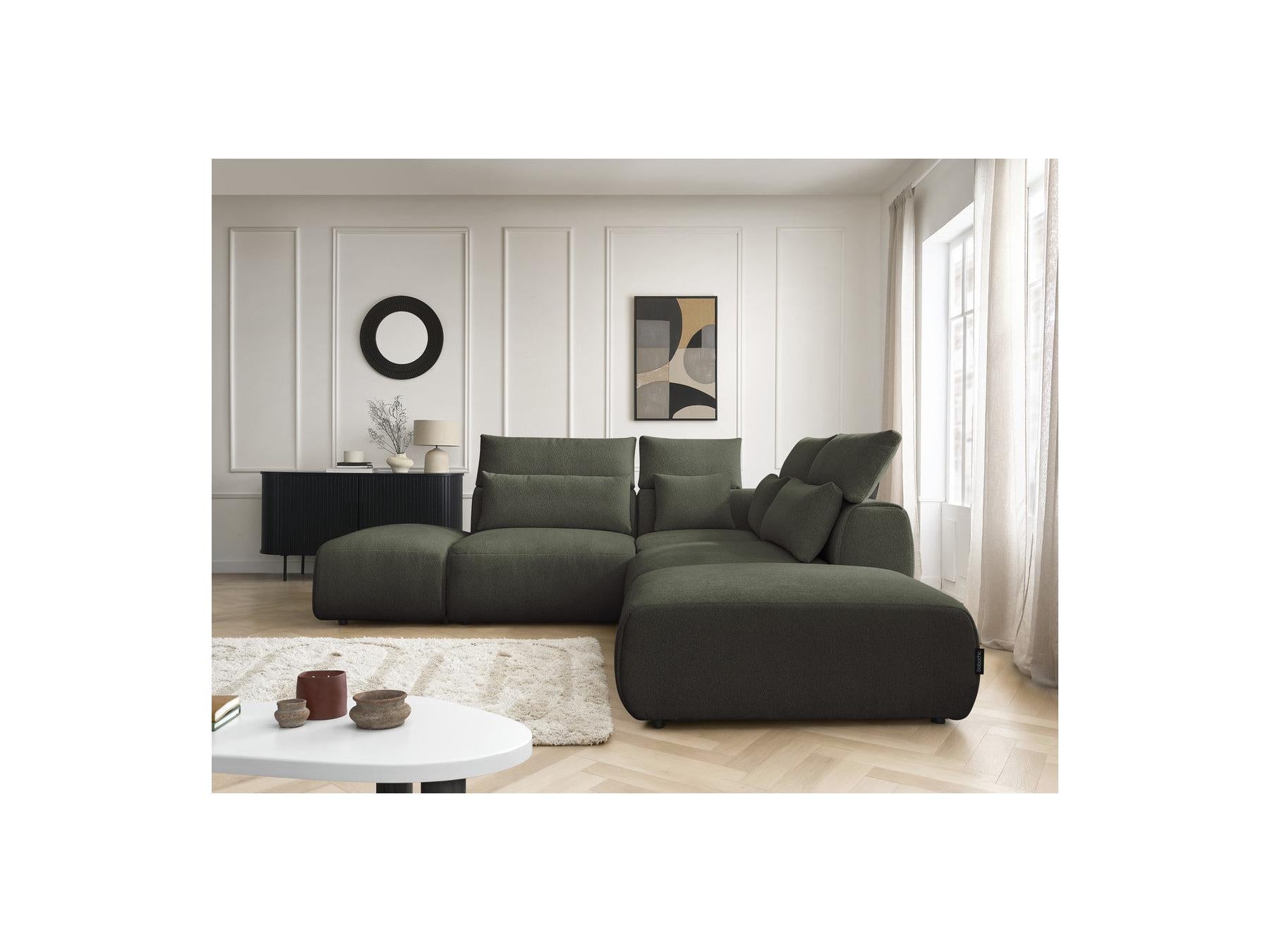Jana - Canapé D'Angle Fixe Modulable Avec Têtières - Tissu Chiné Avec 2 Chauffeuses, 1 Angle Et 2 Poufs - Réversible