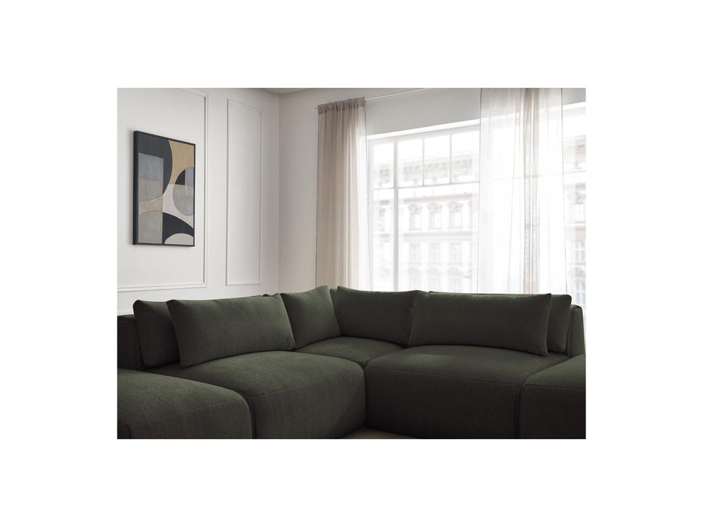 Jana - Canapé D'Angle Fixe Modulable Avec Têtières - Tissu Chiné Avec 2 Chauffeuses, 1 Angle Et 2 Poufs - Réversible