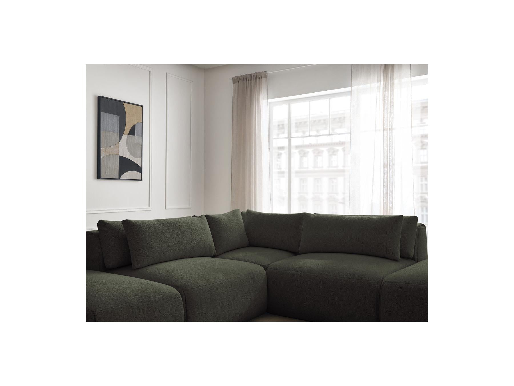 Jana - Canapé D'Angle Fixe Modulable Avec Têtières - Tissu Chiné Avec 2 Chauffeuses, 1 Angle Et 2 Poufs - Réversible