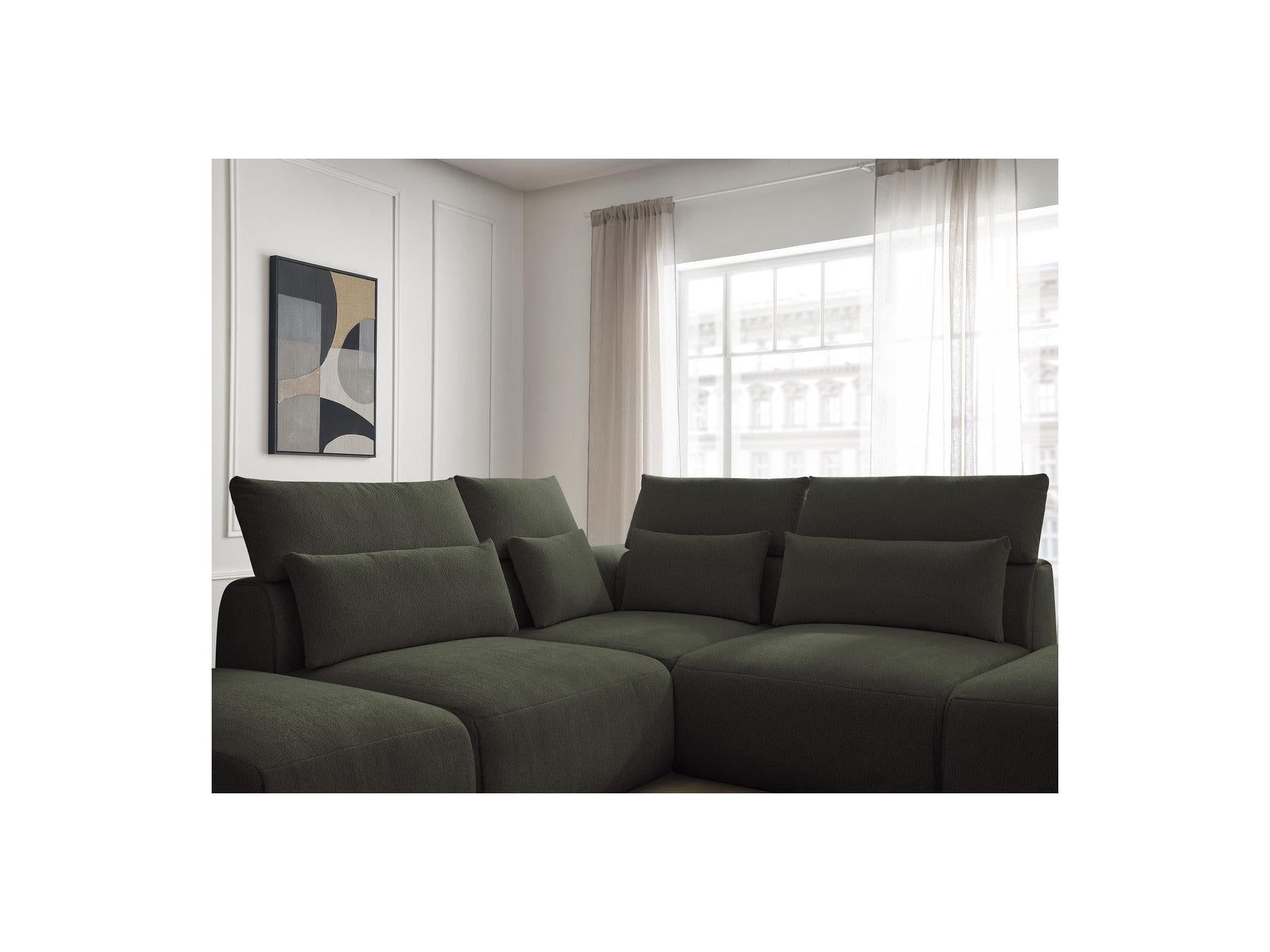 Jana - Canapé D'Angle Fixe Modulable Avec Têtières - Tissu Chiné Avec 2 Chauffeuses, 1 Angle Et 2 Poufs - Réversible