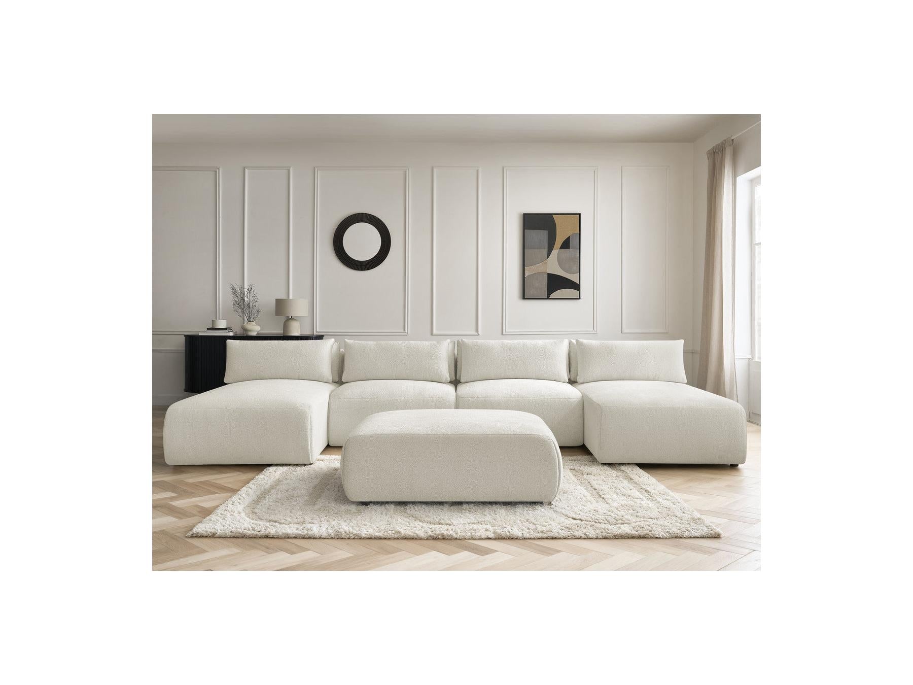 Jana - Canapé Panoramique Fixe Modulable Avec Têtières - Tissu Chiné Avec 2 Méridiennes, 2 Chauffeuses Et 1 Grand Pouf