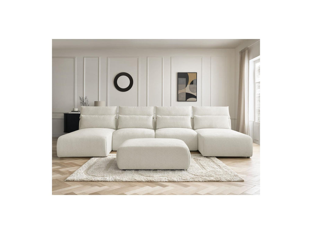 Jana - Canapé Panoramique Fixe Modulable Avec Têtières - Tissu Chiné Avec 2 Méridiennes, 2 Chauffeuses Et 1 Grand Pouf