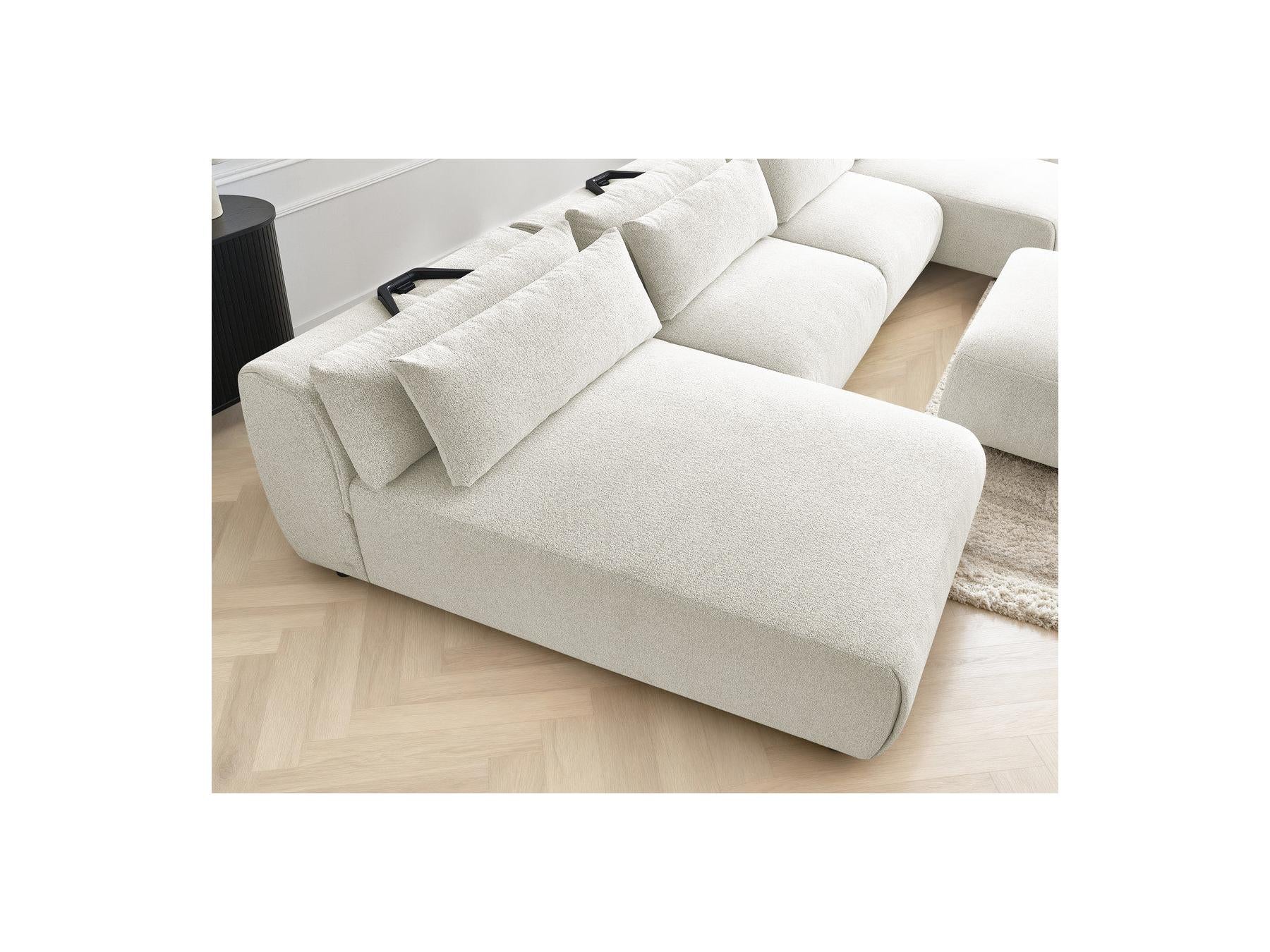 Jana - Canapé Panoramique Fixe Modulable Avec Têtières - Tissu Chiné Avec 2 Méridiennes, 2 Chauffeuses Et 1 Grand Pouf