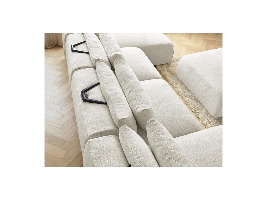 Jana - Canapé Panoramique Fixe Modulable Avec Têtières - Tissu Chiné Avec 2 Méridiennes, 2 Chauffeuses Et 1 Grand Pouf
