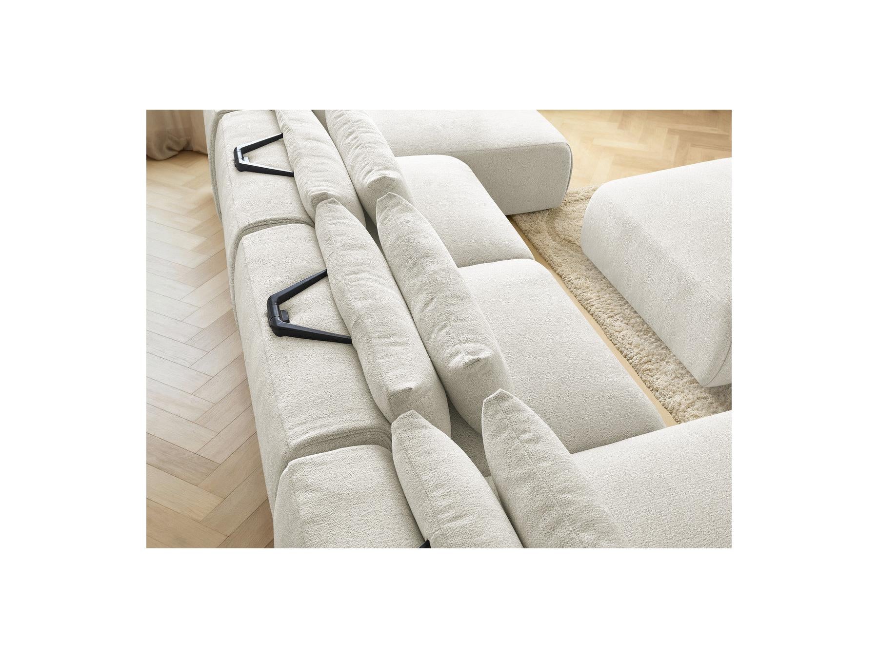 Jana - Canapé Panoramique Fixe Modulable Avec Têtières - Tissu Chiné Avec 2 Méridiennes, 2 Chauffeuses Et 1 Grand Pouf