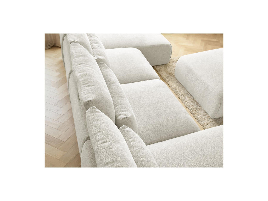 Jana - Canapé Panoramique Fixe Modulable Avec Têtières - Tissu Chiné Avec 2 Méridiennes, 2 Chauffeuses Et 1 Grand Pouf