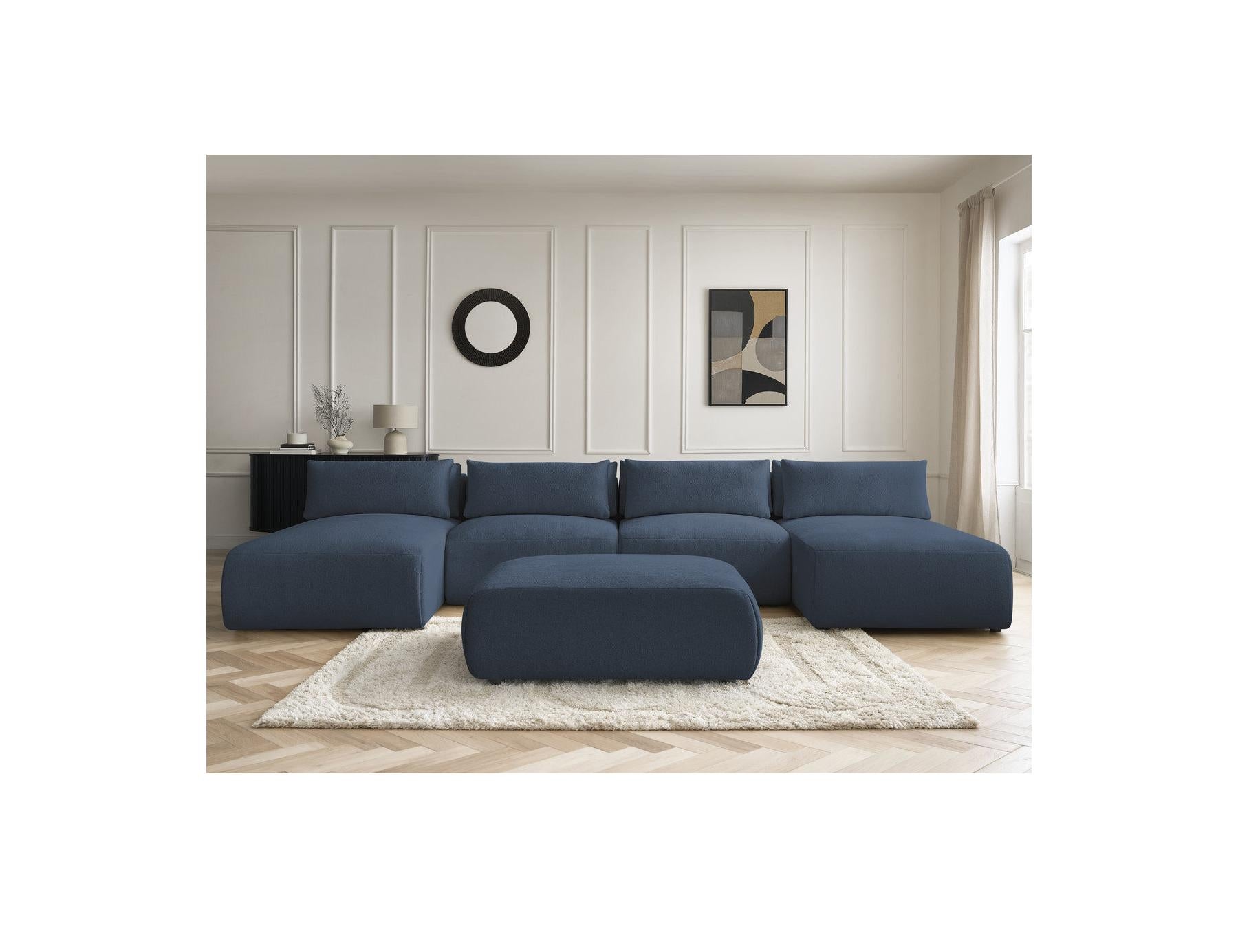 Jana - Canapé Panoramique Fixe Modulable Avec Têtières - Tissu Chiné Avec 2 Méridiennes, 2 Chauffeuses Et 1 Grand Pouf