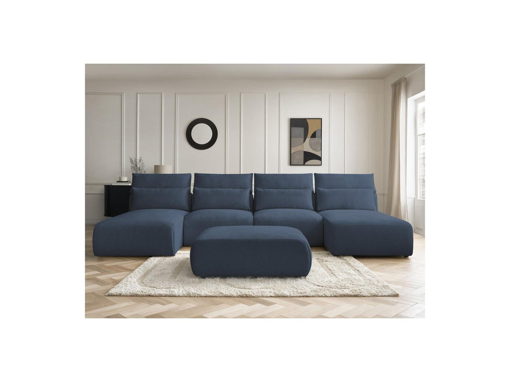 Jana - Canapé Panoramique Fixe Modulable Avec Têtières - Tissu Chiné Avec 2 Méridiennes, 2 Chauffeuses Et 1 Grand Pouf