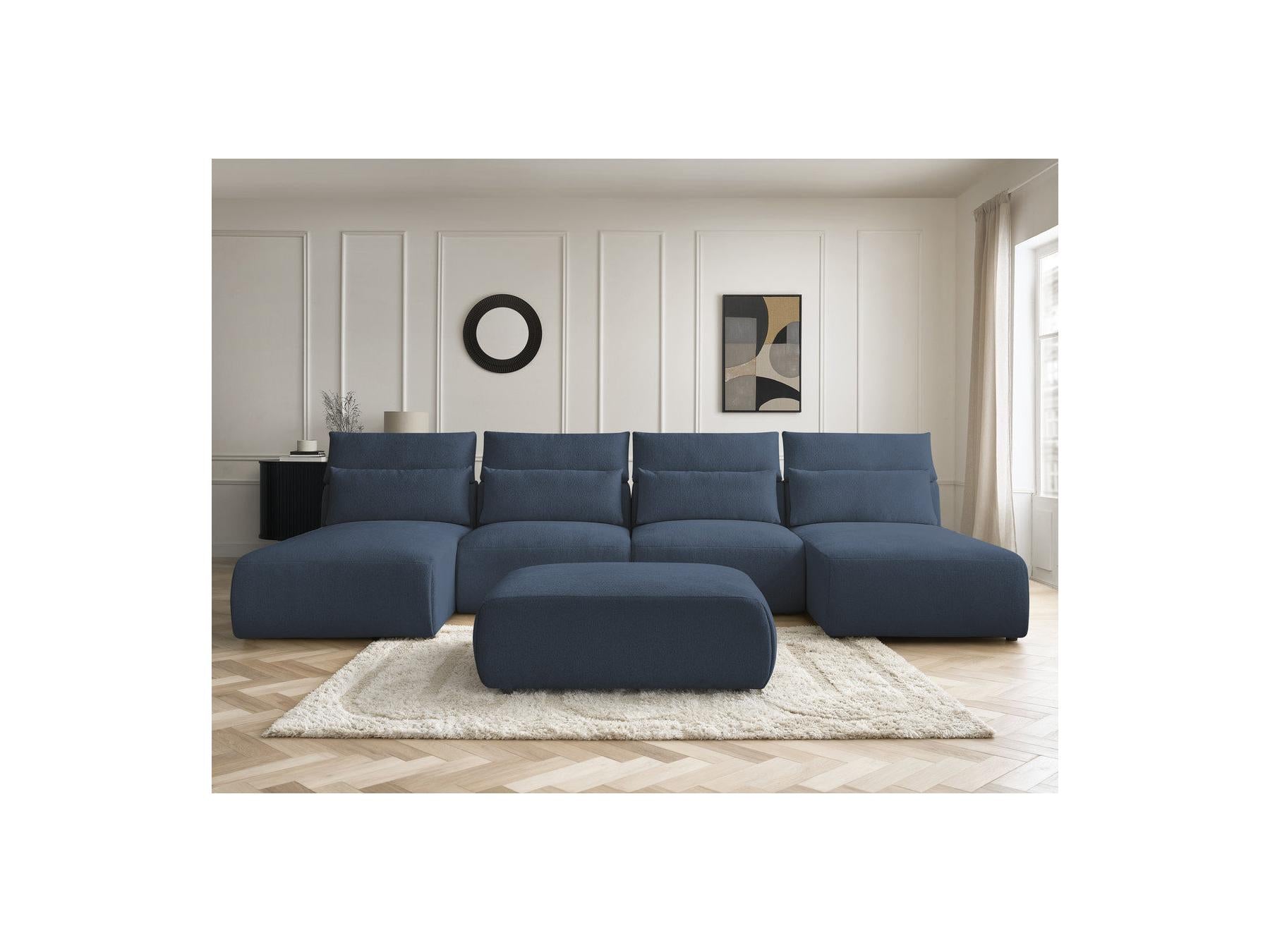 Jana - Canapé Panoramique Fixe Modulable Avec Têtières - Tissu Chiné Avec 2 Méridiennes, 2 Chauffeuses Et 1 Grand Pouf