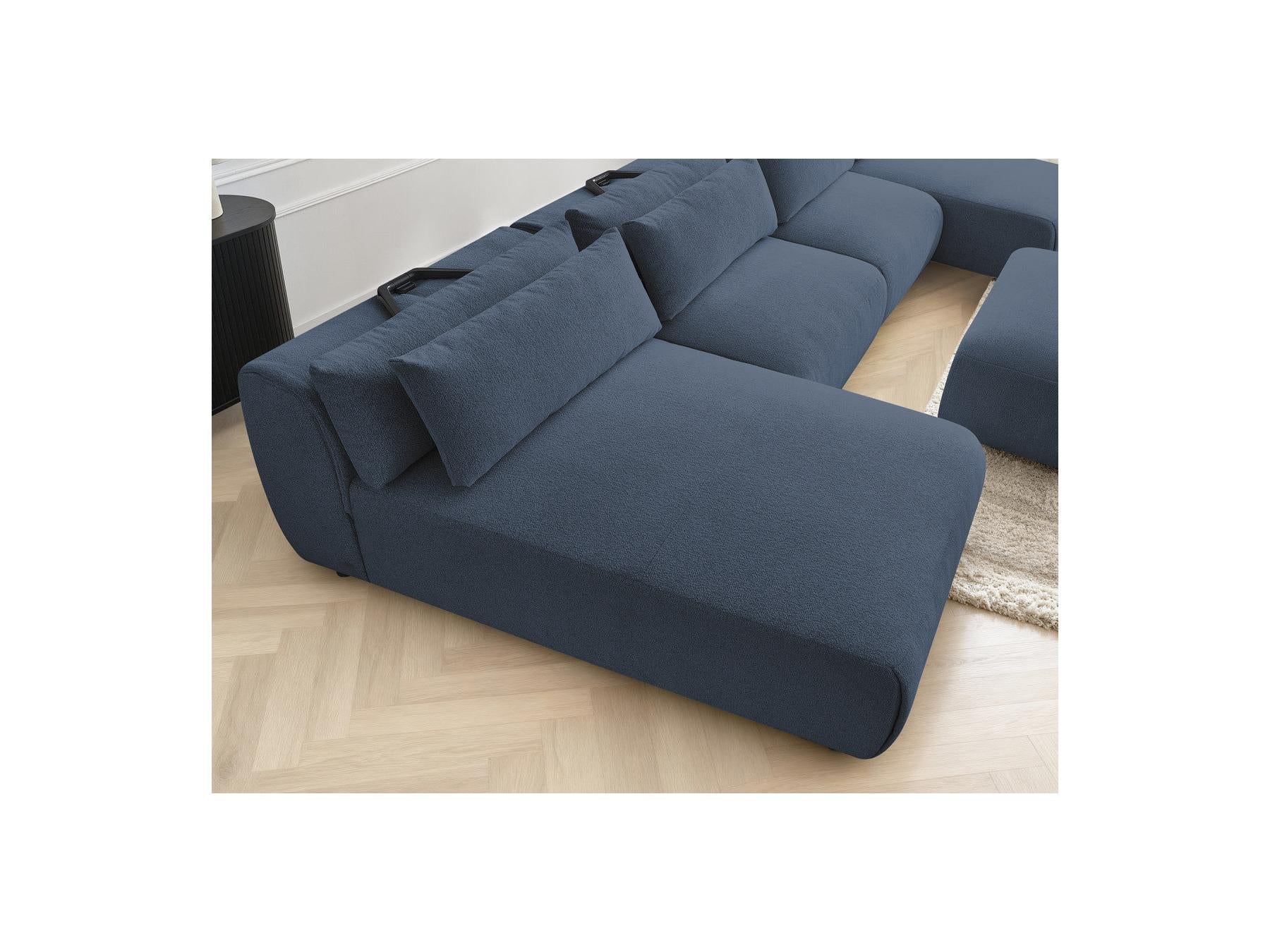Jana - Canapé Panoramique Fixe Modulable Avec Têtières - Tissu Chiné Avec 2 Méridiennes, 2 Chauffeuses Et 1 Grand Pouf