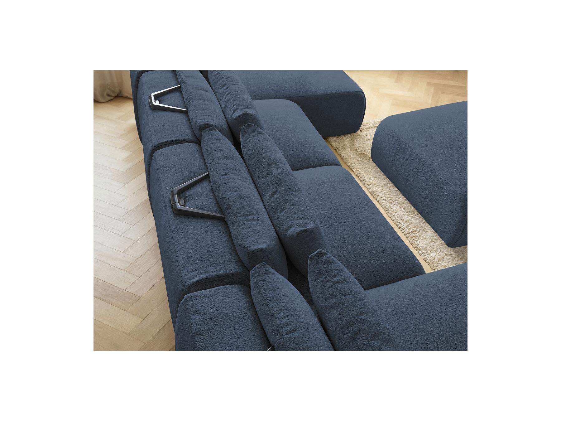 Jana - Canapé Panoramique Fixe Modulable Avec Têtières - Tissu Chiné Avec 2 Méridiennes, 2 Chauffeuses Et 1 Grand Pouf