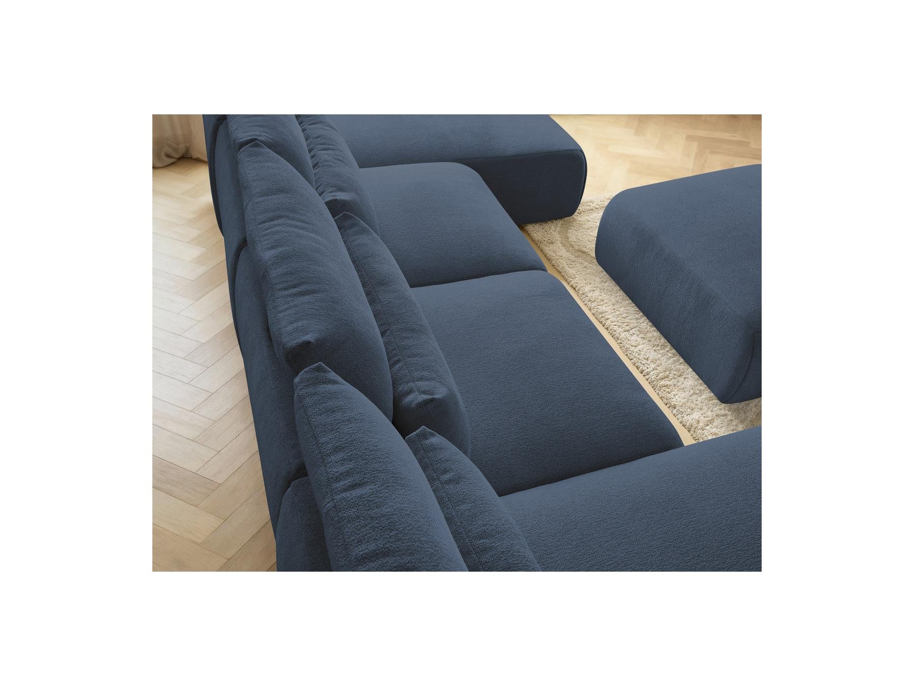 Jana - Canapé Panoramique Fixe Modulable Avec Têtières - Tissu Chiné Avec 2 Méridiennes, 2 Chauffeuses Et 1 Grand Pouf