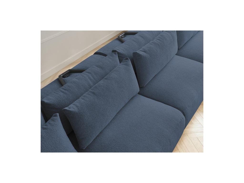 Jana - Canapé Panoramique Fixe Modulable Avec Têtières - Tissu Chiné Avec 2 Méridiennes, 2 Chauffeuses Et 1 Grand Pouf