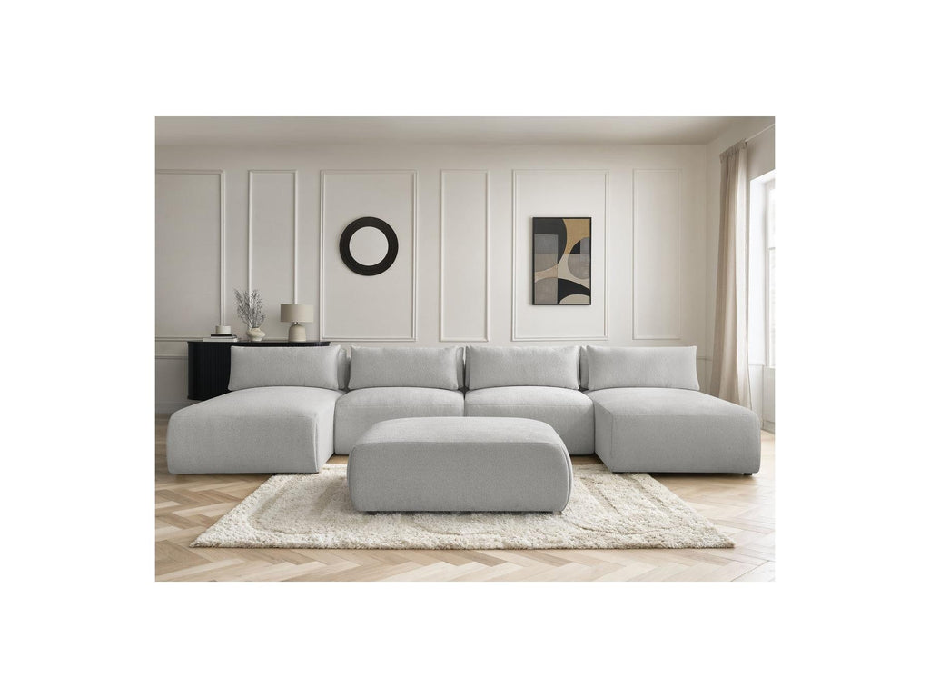 Jana - Canapé Panoramique Fixe Modulable Avec Têtières - Tissu Chiné Avec 2 Méridiennes, 2 Chauffeuses Et 1 Grand Pouf