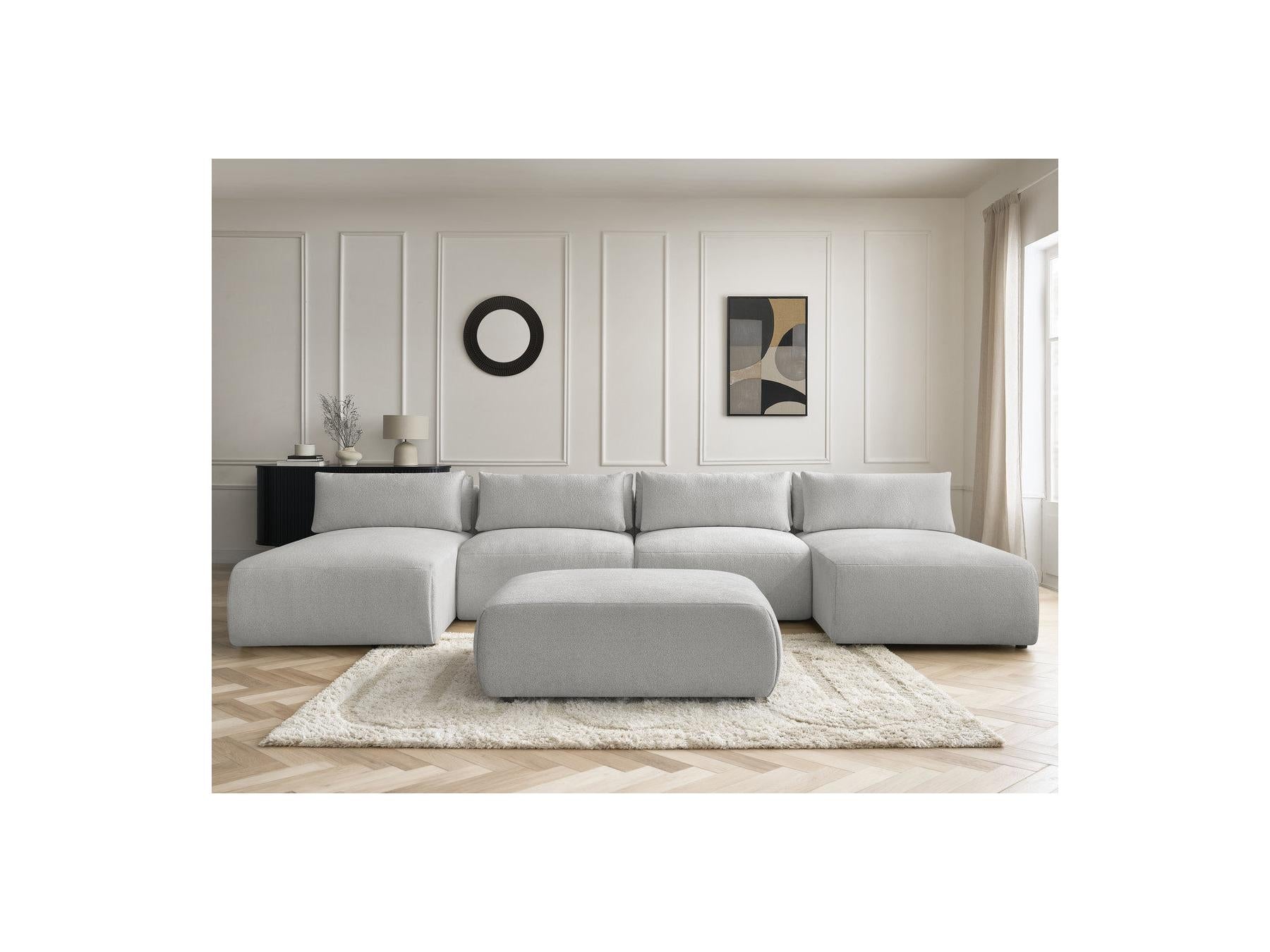 Jana - Canapé Panoramique Fixe Modulable Avec Têtières - Tissu Chiné Avec 2 Méridiennes, 2 Chauffeuses Et 1 Grand Pouf