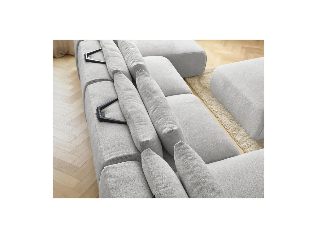 Jana - Canapé Panoramique Fixe Modulable Avec Têtières - Tissu Chiné Avec 2 Méridiennes, 2 Chauffeuses Et 1 Grand Pouf