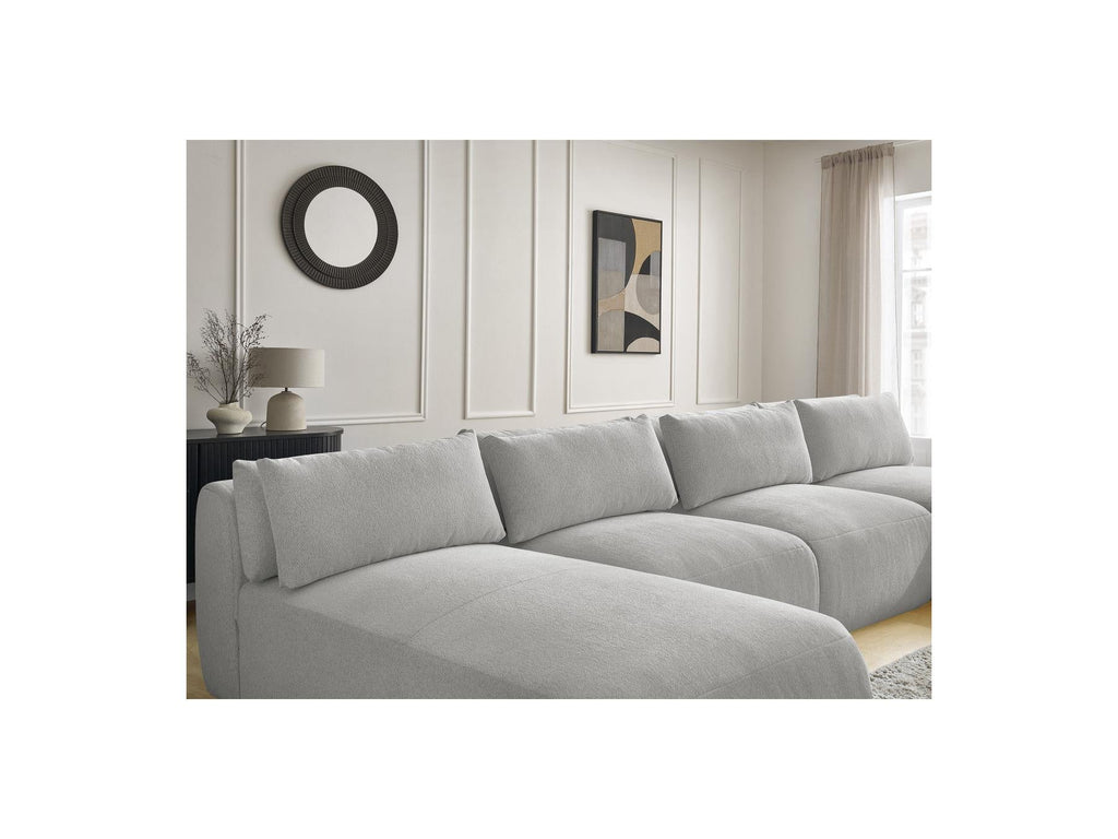 Jana - Canapé Panoramique Fixe Modulable Avec Têtières - Tissu Chiné Avec 2 Méridiennes, 2 Chauffeuses Et 1 Grand Pouf