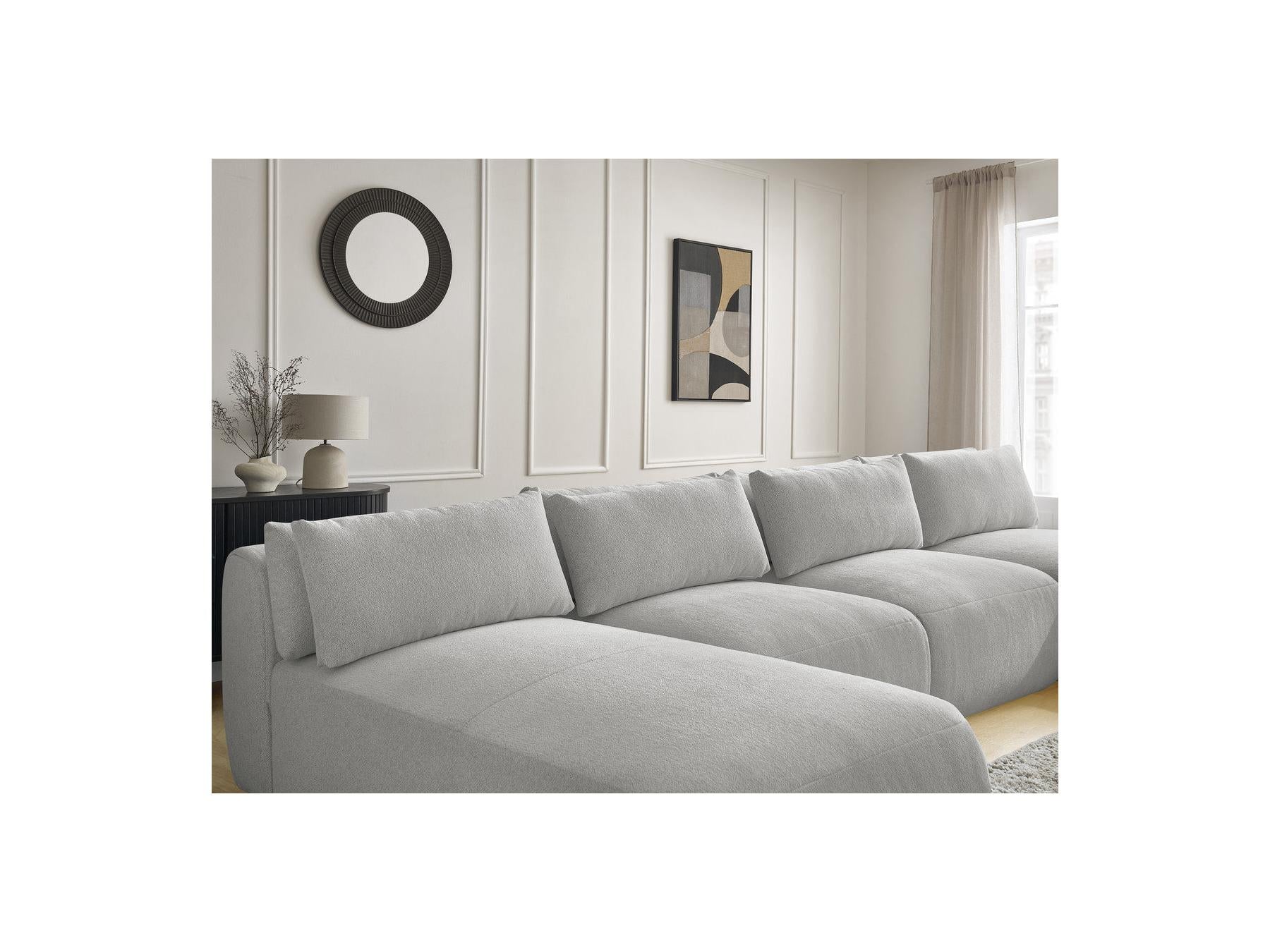 Jana - Canapé Panoramique Fixe Modulable Avec Têtières - Tissu Chiné Avec 2 Méridiennes, 2 Chauffeuses Et 1 Grand Pouf
