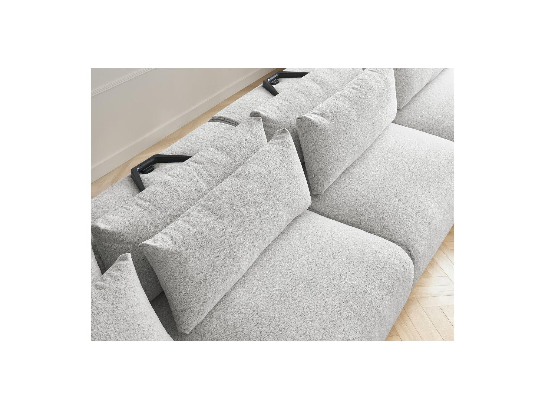 Jana - Canapé Panoramique Fixe Modulable Avec Têtières - Tissu Chiné Avec 2 Méridiennes, 2 Chauffeuses Et 1 Grand Pouf