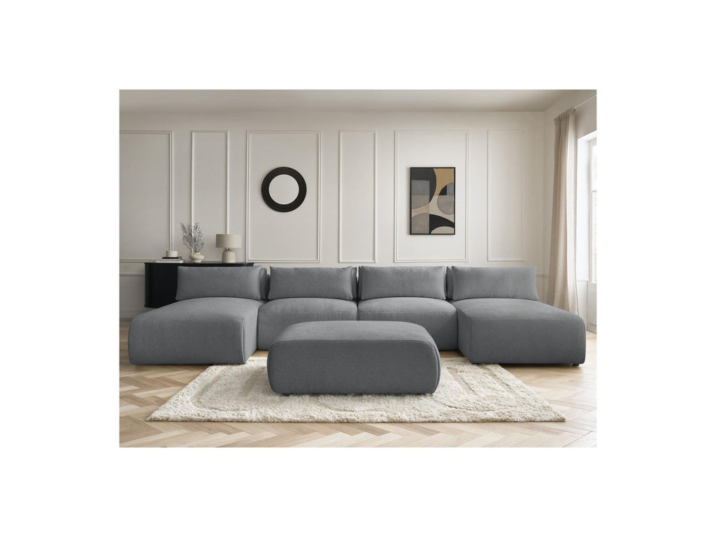 Jana - Canapé Panoramique Fixe Modulable Avec Têtières - Tissu Chiné Avec 2 Méridiennes, 2 Chauffeuses Et 1 Grand Pouf