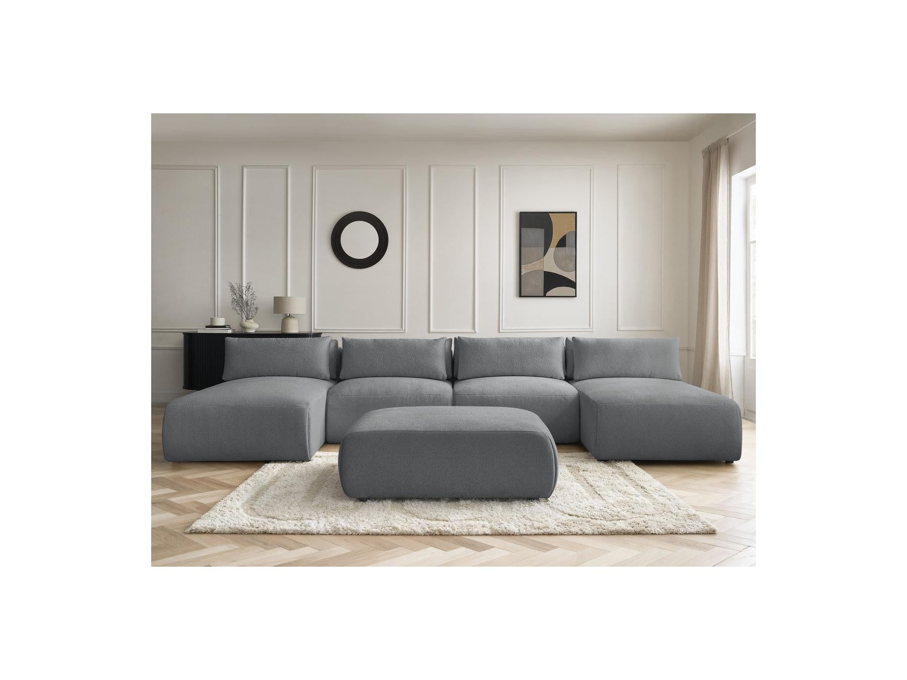 Jana - Canapé Panoramique Fixe Modulable Avec Têtières - Tissu Chiné Avec 2 Méridiennes, 2 Chauffeuses Et 1 Grand Pouf