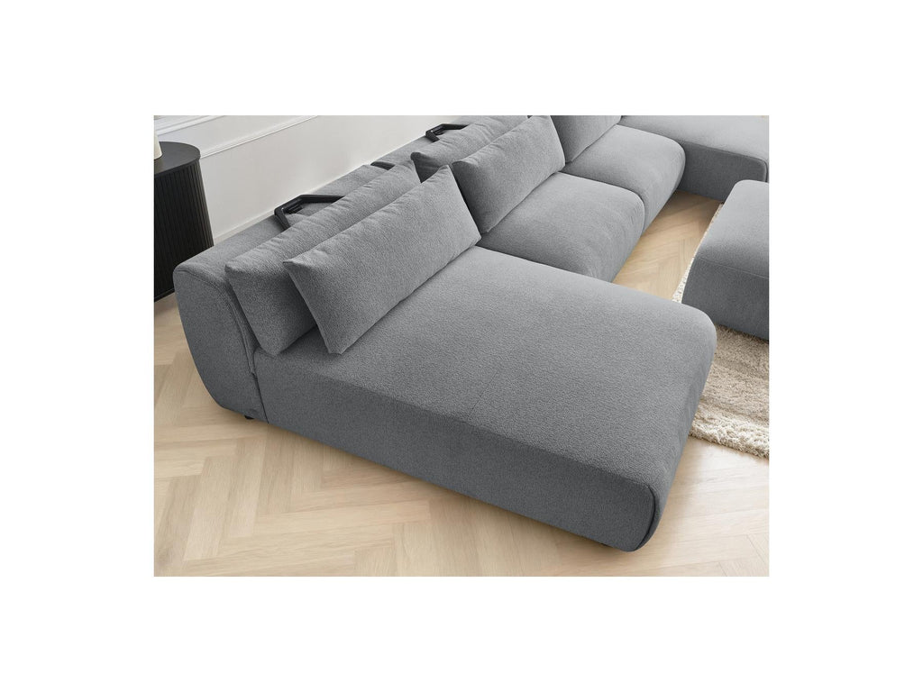 Jana - Canapé Panoramique Fixe Modulable Avec Têtières - Tissu Chiné Avec 2 Méridiennes, 2 Chauffeuses Et 1 Grand Pouf