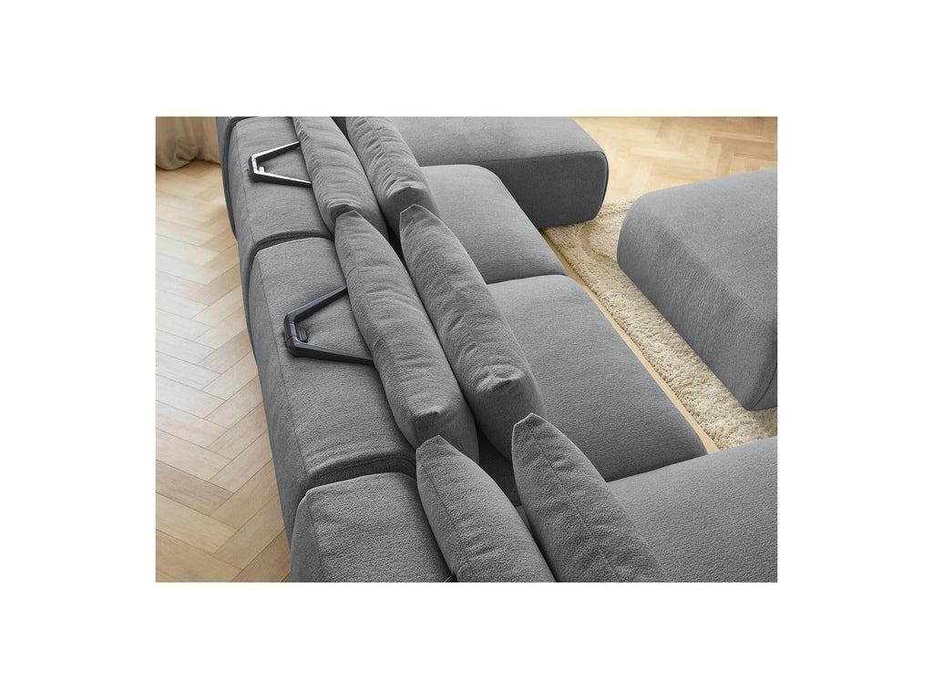 Jana - Canapé Panoramique Fixe Modulable Avec Têtières - Tissu Chiné Avec 2 Méridiennes, 2 Chauffeuses Et 1 Grand Pouf