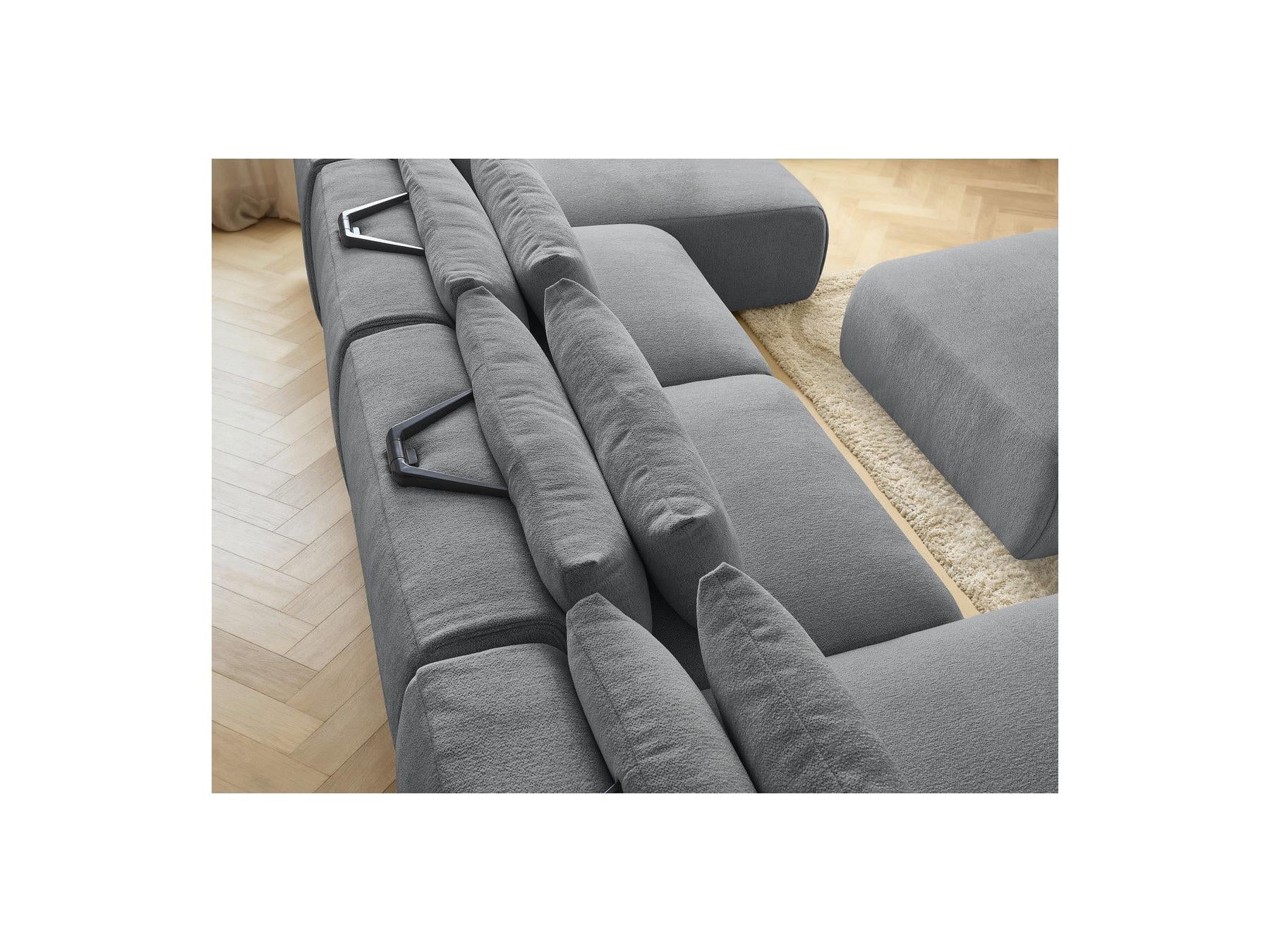Jana - Canapé Panoramique Fixe Modulable Avec Têtières - Tissu Chiné Avec 2 Méridiennes, 2 Chauffeuses Et 1 Grand Pouf