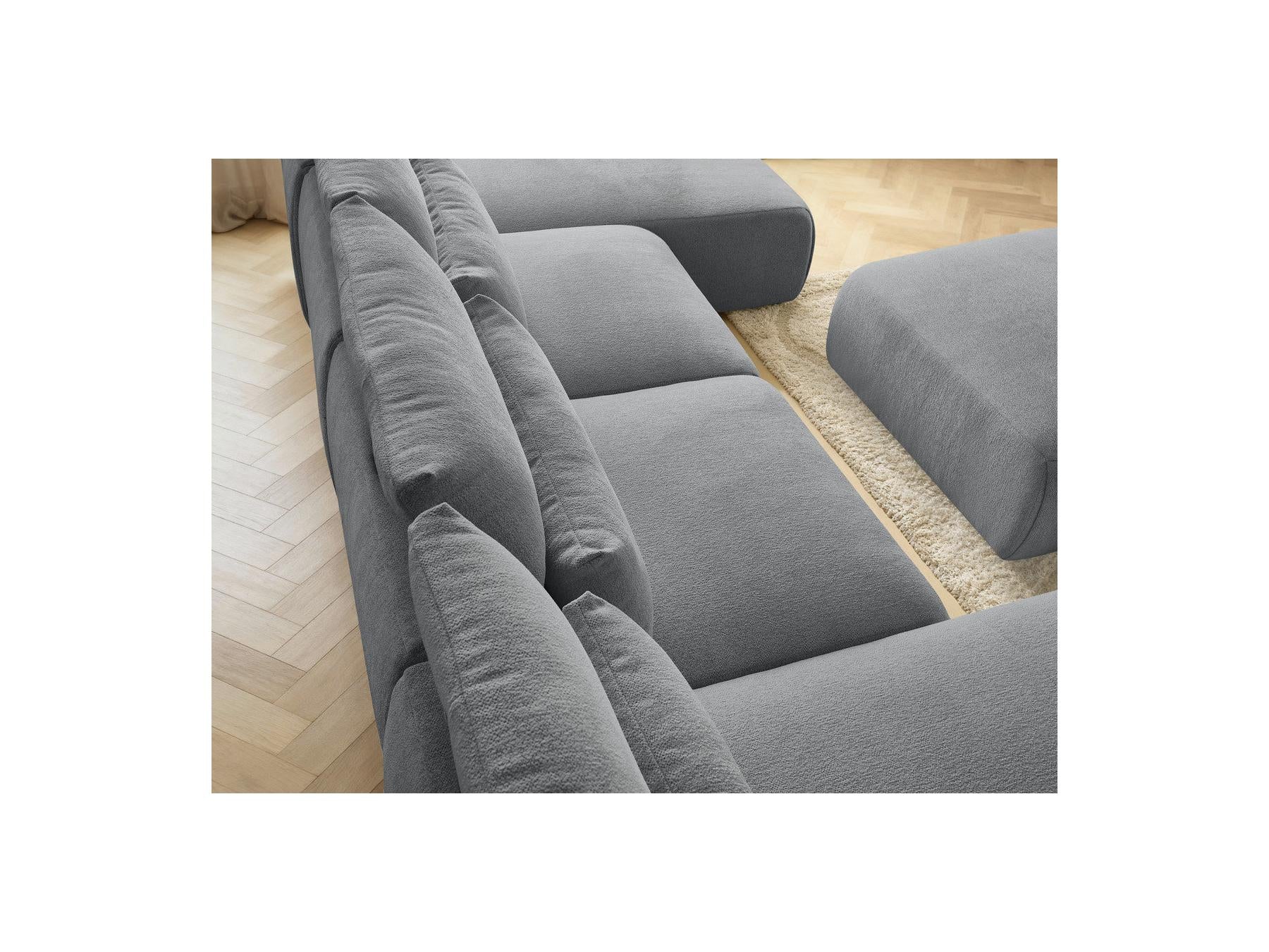 Jana - Canapé Panoramique Fixe Modulable Avec Têtières - Tissu Chiné Avec 2 Méridiennes, 2 Chauffeuses Et 1 Grand Pouf
