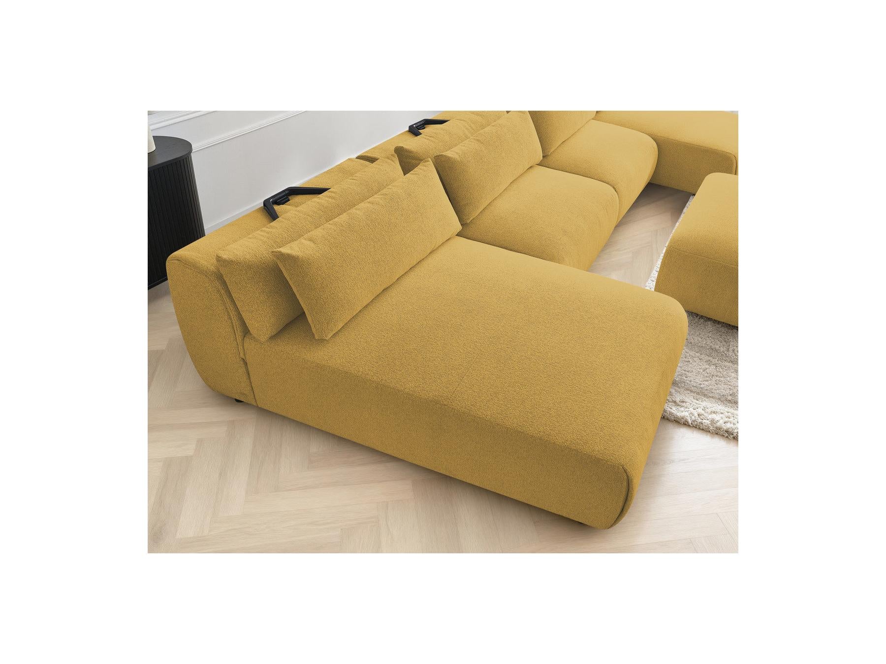 Jana - Canapé Panoramique Fixe Modulable Avec Têtières - Tissu Chiné Avec 2 Méridiennes, 2 Chauffeuses Et 1 Grand Pouf